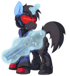 Size: 1245x1341 | Tagged: safe, artist:pearlyiridescence, oc, oc only, oc:tinker doo, pony, unicorn, armor, clothes, cosplay, costume, goggles, gun, jacket, magic, overwatch, simple background, soldier 76, solo, transparent background, weapon