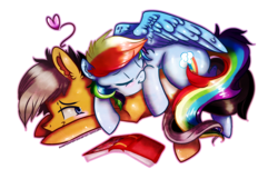 Size: 2800x1700 | Tagged: safe, artist:downpourpony, quibble pants, rainbow dash, g4, male, ship:quibbledash, shipping, simple background, snuggling, straight, transparent background