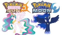 Size: 840x480 | Tagged: safe, princess celestia, princess luna, alicorn, pony, g4, duo, duo female, female, mare, nintendo, pokémon, pokémon moon, pokémon sun, pokémon sun and moon, royal sisters, siblings, simple background, sisters, stock vector, sun vs moon, transparent background