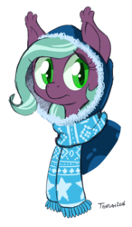 Size: 700x1200 | Tagged: safe, artist:tehflah, oc, oc only, oc:wicked ways, bat pony, pony, bust, clothes, cute, female, filly, frown, hood, jacket, looking at you, portrait, scarf, simple background, solo, transparent background, younger