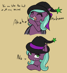 Size: 1280x1399 | Tagged: safe, artist:phoenixswift, oc, oc only, oc:wicked ways, bat pony, pony, comic, dialogue, hat, laughing, offscreen character, open mouth, simple background, witch hat