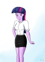 Size: 1920x2640 | Tagged: safe, artist:egstudios93, twilight sparkle, equestria girls, g4, clothes, cute, female, librarian, side slit, skirt, smiling, solo