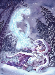 Size: 1024x1383 | Tagged: safe, artist:the-wizard-of-art, rarity, pony, unicorn, blowing, blushing, cloak, clothes, female, forest, magic, mittens, open mouth, raised hoof, scenery, signature, snow, solo, traditional art, tree, watercolor painting, winter