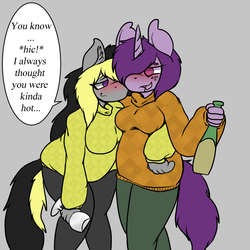 Size: 1100x1100 | Tagged: safe, artist:fu-do, oc, oc only, oc:mitternacht von kloudette, oc:violet, anthro, blushing, clothes, drunk, female, shipping, sweater, unmoving plaid