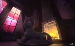 Size: 2670x1652 | Tagged: safe, artist:balade, oc, oc only, oc:night light (male), banner, fireplace, solo