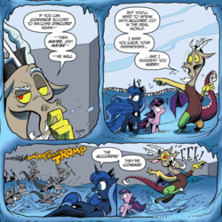 Size: 938x938 | Tagged: safe, artist:andypriceart, idw, accord, discord, princess luna, twilight sparkle, alicorn, pony, chaos theory (arc), g4, spoiler:comic, spoiler:comic49, accord (arc), chase, derp, in all disorder a secret order, open mouth, part the second: in all chaos there is a cosmos, pointing, question mark, raised eyebrow, raised hoof, running, thinking, twilight sparkle (alicorn), water, wide eyes