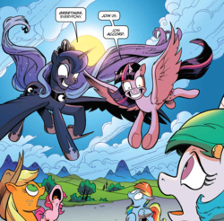 Size: 1037x1021 | Tagged: safe, artist:andypriceart, idw, applejack, pinkie pie, princess celestia, princess luna, rainbow dash, twilight sparkle, alicorn, pony, chaos theory (arc), g4, spoiler:comic, spoiler:comic49, accord (arc), grin, hk-class-deific-subjugation-scenario, in all disorder a secret order, mind control, part the second: in all chaos there is a cosmos, smiling, twilight snapple, twilight sparkle (alicorn), well fuck, well we're boned, xk-class end-of-the-world scenario