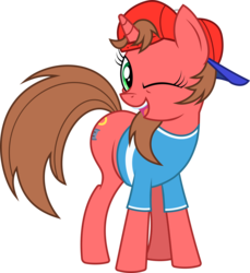 Size: 2888x3150 | Tagged: safe, artist:manual-monaro, oc, oc only, oc:nintendy, pony, unicorn, 2017 community collab, derpibooru community collaboration, backwards ballcap, baseball cap, cap, clothes, hat, high res, looking at you, one eye closed, open mouth, shirt, simple background, smiling, solo, transparent background, wink