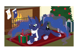 Size: 3785x2631 | Tagged: safe, artist:gracewolf, princess luna, g4, christmas stocking, christmas tree, clothes, female, fireplace, high res, present, prone, scarf, solo, tree