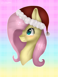 Size: 1024x1365 | Tagged: safe, artist:dawndream2003, fluttershy, g4, blushing, bust, cute, female, hat, santa hat, shyabetes, simple background, solo