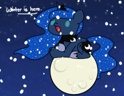 Size: 628x487 | Tagged: safe, artist:flutterluv, princess luna, alicorn, pony, g4, animated, chibi, clothes, cute, ear flick, female, floppy ears, full moon, gif, lunabetes, moon, scarf, snow, snowfall, solo, tangible heavenly object, winter, winter solstice