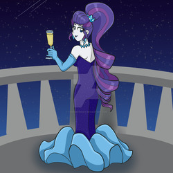 Size: 1024x1024 | Tagged: safe, artist:yoshimarsart, rarity, equestria girls, g4, balcony, clothes, dress, evening gown, female, glass, lipstick, night, solo, watermark