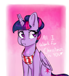 Size: 1286x1408 | Tagged: dead source, safe, artist:shiny-cooler, twilight sparkle, alicorn, pony, g4, alternate hairstyle, blushing, clothes, female, gradient background, hair bun, scarf, sitting, solo, twilight sparkle (alicorn)