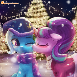 Size: 2000x2000 | Tagged: safe, artist:lumineko, snowfall frost, starlight glimmer, trixie, pony, unicorn, g4, :<, blushing, christmas, christmas lights, christmas tree, clothes, cute, diatrixes, duo, duo female, eyes closed, female, floppy ears, frown, glasses, glimmerbetes, hat, high res, holiday, horn, kissing, lesbian, mare, mistletoe, mistletoe horn, nightcap, one eye closed, patreon, patreon logo, scarf, ship:startrix, shipping, snow, snowfall, tree, trixie's nightcap, wink