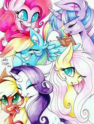 Size: 777x1015 | Tagged: safe, artist:shelbyartist, applejack, fluttershy, pinkie pie, rainbow dash, rarity, twilight sparkle, g4, book, cute, mane six, one eye closed, tongue out, traditional art, wink