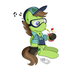 Size: 1588x1492 | Tagged: safe, artist:coramino, douglas spruce, evergreen, pegasus, pony, g4, cap, drink, drinking, earbuds, goggles, hat, ipod, male, mp3 player, relaxing, simple background, smoothie, solo, stallion, transparent background
