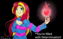 Size: 1280x800 | Tagged: safe, artist:starrynightsskies14, sunset shimmer, equestria girls, g4, clothes, crossover, determination, female, fiery shimmer, fire, frisk, solo, undertale