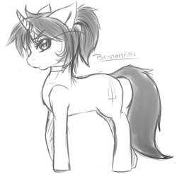 Size: 1500x1473 | Tagged: safe, artist:larkdraws, oc, oc only, oc:blossomfall, pony, unicorn, curved horn, horn, monochrome, sketch, solo