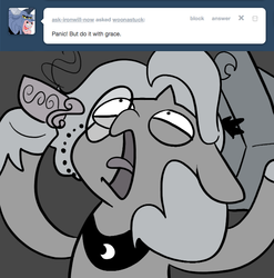 Size: 666x673 | Tagged: safe, artist:egophiliac, princess luna, moonstuck, g4, cartographer's cap, classy, female, filly, food, grayscale, hat, monochrome, monocle, panic, solo, tea, teacup, woona, woonoggles, younger