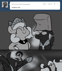 Size: 666x761 | Tagged: safe, artist:egophiliac, nightmare moon, princess luna, moonstuck, g4, cartographer's kitty hat, cute, dark woona, eyes closed, filly, floppy ears, frown, grayscale, magic, monochrome, nightmare woon, paper bag, pushing, smiling, wide eyes, woona, woonoggles, younger