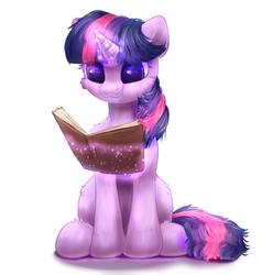 Size: 2000x2100 | Tagged: safe, artist:peachmayflower, twilight sparkle, g4, book, cheek fluff, female, fluffy, glowing horn, heart eyes, high res, horn, levitation, magic, messy mane, reading, simple background, solo, telekinesis, white background, wingding eyes