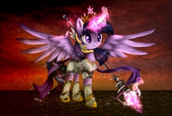 Size: 2416x1638 | Tagged: safe, artist:czywko, artist:devanarcher101, twilight sparkle, alicorn, pony, g4, armor, collaboration, crown, dark, digital art, female, glowing horn, horn, jewelry, magic, other dimension, regalia, solo, spread wings, textured background, twilight sparkle (alicorn), wings