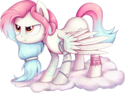 Size: 1406x1054 | Tagged: safe, artist:thebowtieone, oc, oc only, oc:silver, cyborg, pegasus, pony, amputee, cloud, female, mare, prosthetic limb, prosthetics, simple background, solo, transparent background