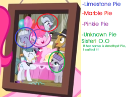Size: 615x477 | Tagged: safe, edit, edited screencap, screencap, cloudy quartz, igneous rock pie, limestone pie, marble pie, maud pie, pinkie pie, earth pony, pony, g4, pinkie pride, season 4, balloon, cake, eyes closed, female, filly, food, happy, op is a slowpoke, open mouth, photo, picture frame, smiling