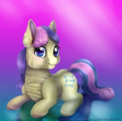 Size: 1024x1018 | Tagged: safe, artist:kittenthelonley, bon bon, sweetie drops, earth pony, pony, g4, female, fluffy, gradient background, looking at you, prone, solo