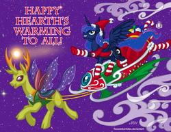 Size: 1294x1000 | Tagged: safe, artist:texasuberalles, princess luna, thorax, alicorn, changedling, changeling, pony, g4, to where and back again, christmas lights, clothes, duo, flying, hat, hearth's warming, king thorax, looking up, pointing, santa hat, scarf, sleigh, stars, stockings