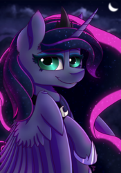 Size: 1399x2000 | Tagged: safe, artist:midnightsix3, princess luna, lunadoodle, g4, cloud, cute little fangs, fangs, female, looking at you, moon, night, smiling, solo, stars