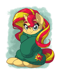 Size: 1275x1650 | Tagged: safe, artist:latecustomer, sunset shimmer, pony, unicorn, g4, clothes, cute, female, looking at you, mare, oversized clothes, shimmerbetes, smiling, solo, sweater