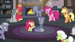 Size: 480x270 | Tagged: safe, artist:wissle, edit, edited screencap, screencap, apple bloom, applejack, big macintosh, cloudy quartz, granny smith, igneous rock pie, limestone pie, marble pie, maud pie, pinkie pie, earth pony, pony, g4, hearthbreakers, animated, carpet, cutie mark, doll, female, filly, fire, fireplace, gif, hat, implied marblemac, male, mare, parody, pie family, pie sisters, plate, ribbon, rock, rock doll, scene parody, ship:quartzrock, shipping fuel, siblings, sisters, sitting, sound at source, stallion, statue, the cmc's cutie marks, toy, youtube link
