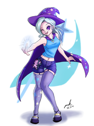 Size: 1200x1600 | Tagged: safe, artist:the-park, starlight glimmer, trixie, human, g4, armpits, belly button, cape, clothes, female, garter belt, hat, humanized, midriff, one eye closed, plushie, shorts, signature, simple background, socks, solo, tank top, thigh highs, trixie's cape, trixie's hat, white background, wink