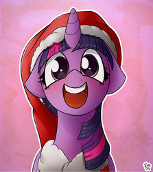 Size: 1501x1679 | Tagged: safe, artist:ohiekhe, twilight sparkle, alicorn, pony, g4, bust, clothes, costume, cute, female, floppy ears, hat, looking at you, open mouth, santa costume, santa hat, smiling, solo, twiabetes, twilight sparkle (alicorn)