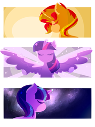 Size: 2400x3200 | Tagged: safe, artist:winterwithers, starlight glimmer, sunset shimmer, twilight sparkle, alicorn, pony, g4, counterparts, high res, lineless, magical trio, spread wings, trio, twilight sparkle (alicorn), twilight's counterparts