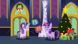 Size: 6666x3747 | Tagged: safe, artist:steampunk-brony, starlight glimmer, twilight sparkle, alicorn, pony, g4, absurd resolution, christmas, christmas tree, christmas wreath, levitation, magic, open mouth, pointy ponies, present, smiling, telekinesis, tree, twilight sparkle (alicorn), twilight's castle