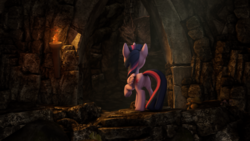 Size: 4000x2250 | Tagged: safe, artist:redaceofspades, twilight sparkle, alicorn, dragon, pony, g4, 3d, butt, cave, dungeon, female, plot, raised hoof, solo, source filmmaker, torch, twibutt, twilight sparkle (alicorn)