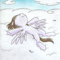 Size: 871x866 | Tagged: safe, artist:islamilenaria, oc, oc only, pegasus, pony, cloud, female, mare, on back, sleeping, solo, traditional art