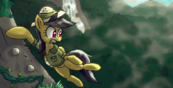Size: 3728x1894 | Tagged: safe, artist:corsairsedge, daring do, g4, cliff, female, gritted teeth, hanging, injured, jungle, looking down, mountain, solo