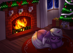 Size: 1920x1400 | Tagged: safe, artist:confetticakez, oc, oc only, oc:graphy bean, pony, christmas, christmas tree, fireplace, sleeping, solo, tree