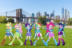 Size: 1023x683 | Tagged: safe, applejack, fluttershy, pinkie pie, rainbow dash, rarity, twilight sparkle, equestria girls, g4, brooklyn, equestria girls in real life, mane six, new york city, wondercolts uniform