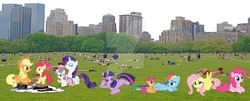 Size: 1024x413 | Tagged: safe, artist:jawsandgumballfan24, apple bloom, applejack, fluttershy, pinkie pie, rainbow dash, rarity, scootaloo, sweetie belle, twilight sparkle, earth pony, pony, g4, central park, cutie mark crusaders, irl, mane six, new york city, photo, ponies in real life, watermark