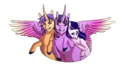 Size: 1236x672 | Tagged: dead source, safe, artist:celeriven, twilight sparkle, oc, alicorn, pony, g4, offspring, parent:flash sentry, parent:twilight sparkle, parents:flashlight, simple background, spread wings, transparent background, trio, twilight sparkle (alicorn)