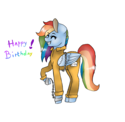 Size: 744x726 | Tagged: safe, artist:starryarrow, rainbow dash, pegasus, pony, g4, b-f16, birthday, bound wings, chains, clothes, cuffs, female, happy birthday, jumpsuit, prison outfit, prisoner rd, shackles, simple background, smiling, solo, transparent background