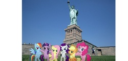 Size: 2118x1010 | Tagged: safe, artist:jawsandgumballfan24, applejack, fluttershy, pinkie pie, rainbow dash, rarity, twilight sparkle, human, pony, g4, bipedal, bridlemaids, grass, irl, mane six, new york city, photo, ponies in real life, statue of liberty