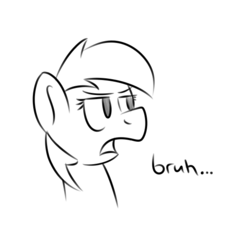 Size: 600x600 | Tagged: safe, artist:glimglam, oc, oc only, oc:generic monochrome meme horse, bruh, monochrome, open mouth, simple background, solo, unamused, white background