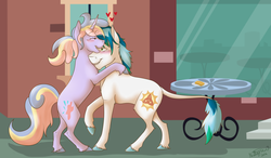 Size: 1024x596 | Tagged: safe, artist:mattsykun, oc, oc only, oc:pastel splash, oc:sylvan sun, classical unicorn, pony, duo, heart, horn, leonine tail, male, oc x oc, shipping, straight, unshorn fetlocks