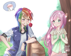 Size: 1214x959 | Tagged: safe, artist:odaefnyo, fluttershy, rainbow dash, human, g4, blushing, duo, female, flirting, flower, flower in mouth, grin, humanized, lesbian, mouth hold, rose, ship:flutterdash, shipping, smiling