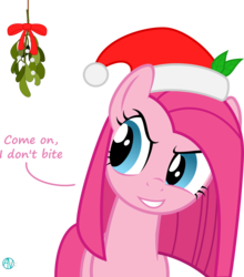 Size: 1945x2207 | Tagged: safe, artist:arifproject, part of a set, pinkie pie, earth pony, pony, g4, arif's mistletoe pone, bronybait, dialogue, female, hat, imminent kissing, leaf, mistletoe, pinkamena diane pie, ribbon, santa hat, simple background, solo, transparent background, vector